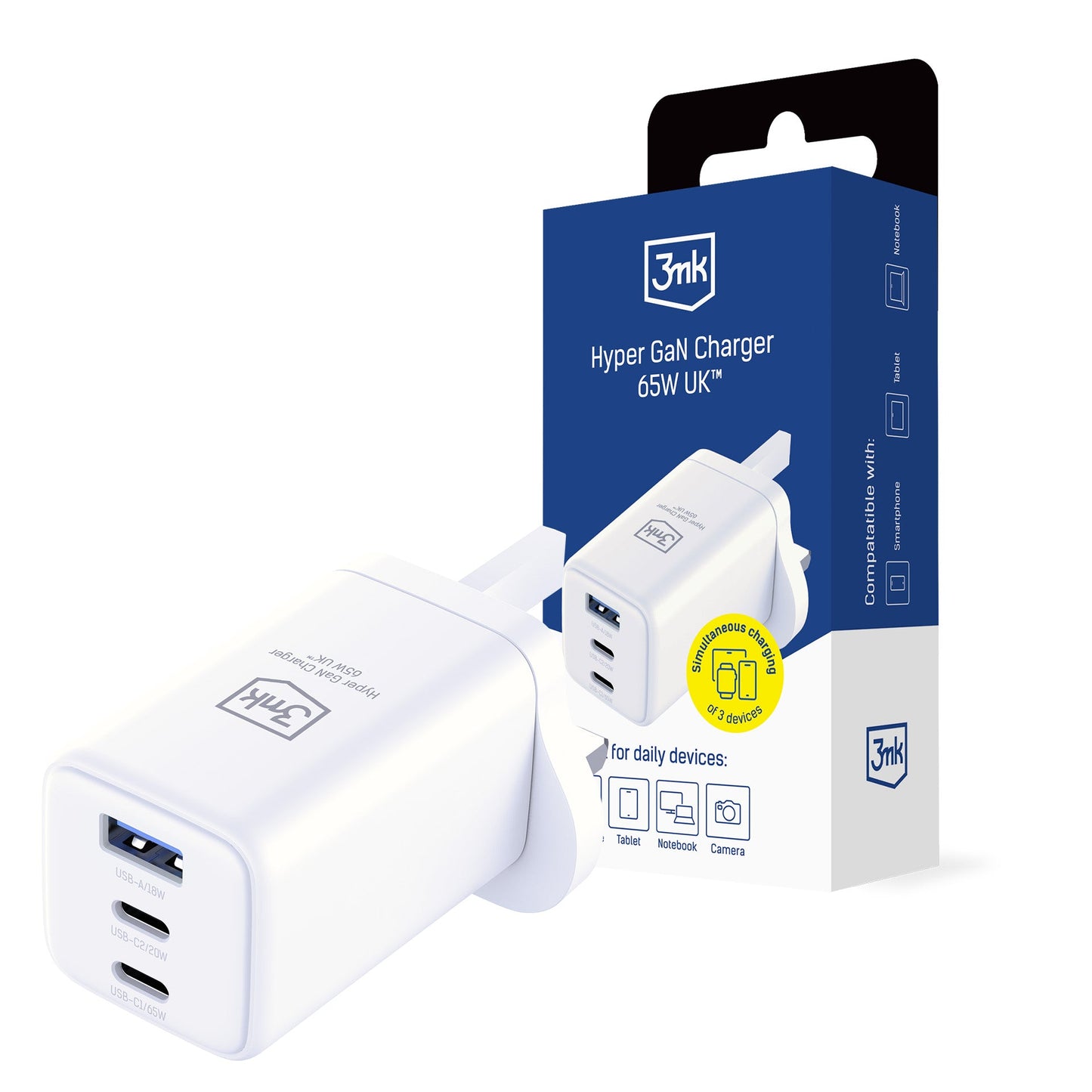 3mk Gan Hyper Charger 65W UK White