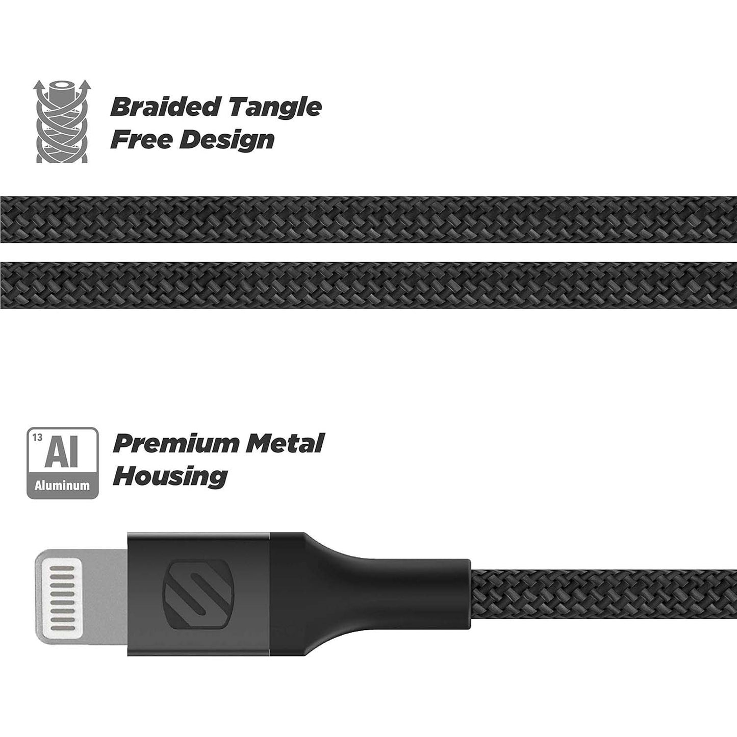Scosche HOOKUP Premium 3.5mm Aux to Lightning Braided Audio Cable 4ft, SPACE GREY