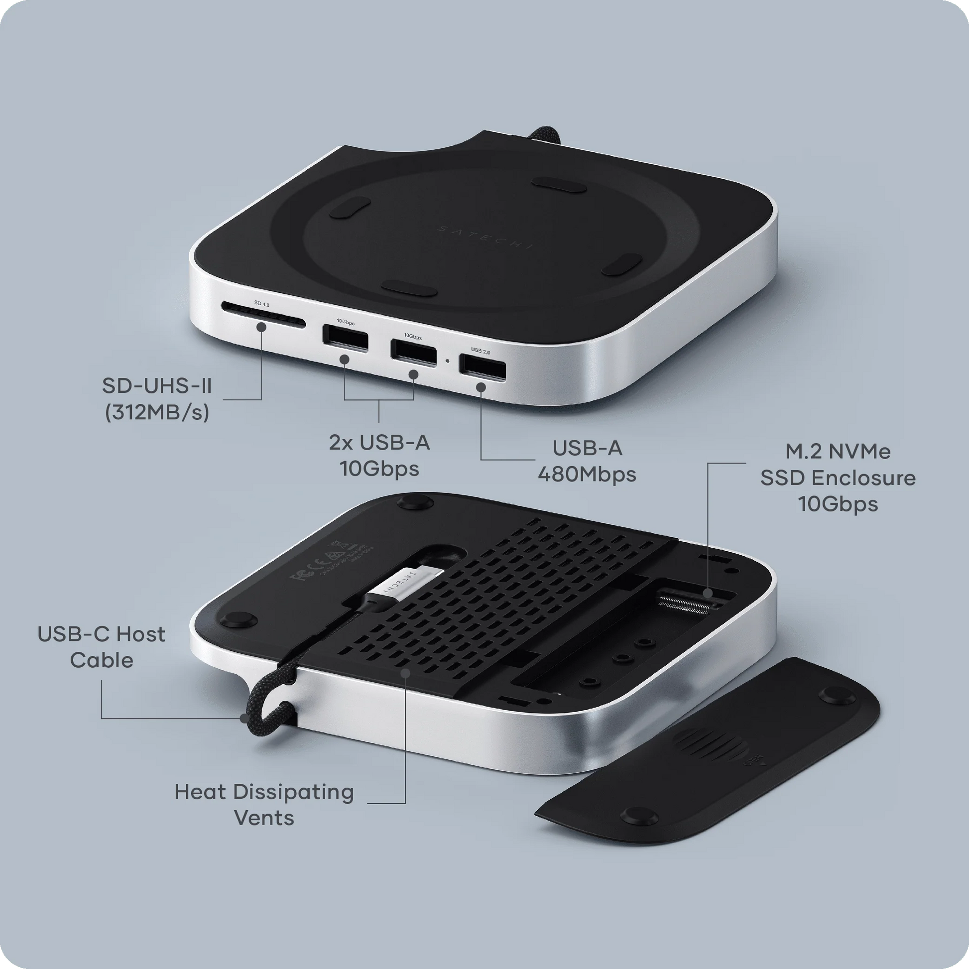 Satechi Mac Mini M4 Stand & Hub with SSD Enclosure – Telecommuter Satechi Mac Mini M4 Stand & Hub with SSD Enclosure – Telecommuter